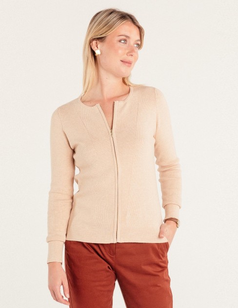 Cardigan beige zippé col rond CAP-KB-WCA07M7-030-XS