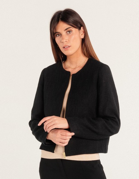 Veste courte en tweed noire CAP-KB-WJA01C2-380-34